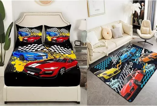 Комплект простыней для гоночного автомобиля и коврик, крутой комплект постельного белья для спортивного автомобиля, простыня для соревнований по гоночным автомобилям для детей, мальчиков, гоночные игры, нелиняющие коврики для гостиной Castle Fai...