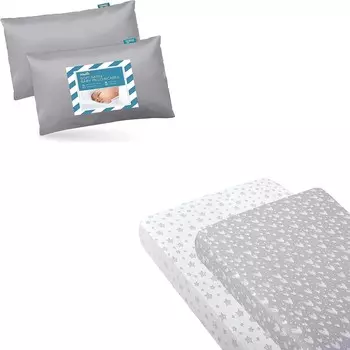 Комплект простыней для кроватки, 2 шт., подходит для стандартной кроватки с принтом в виде сердца и звезды и атласной детской наволочкой для малышей, 2 шт., серый цвет Biloban, Gray