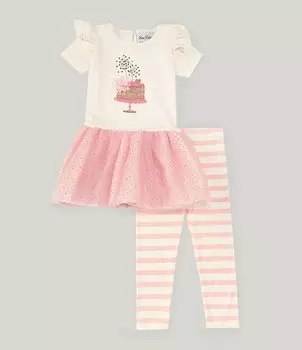 Комплект расклешенного платья и леггинсов в полоску для маленьких девочек 2T–6X с рукавами 3/4 для торта на день рождения Rare Editions, белый
