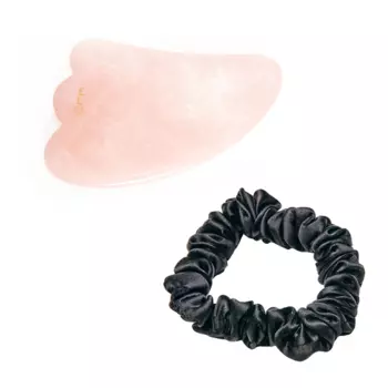 Комплект: Резинка для волос из 100% шелка - черная, 1 шт. + гуаша из розового кварца, 1 шт. Easy Livin'