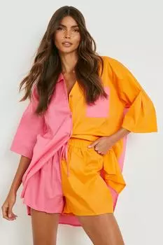 Комплект рубашка и шорты оверсайз из хлопкового поплин Boohoo, розовый