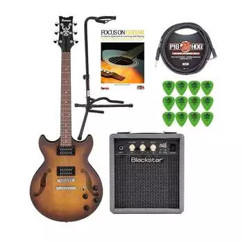 Комплект с 6-струнной электрогитарой Ibanez AM Artcore (Tobacco Flat) с усилителем 10E для практики, штативом для гитары (черный), гитарным кабелем (черный), книгой для обучения игре на гитаре и гитарными медиаторами (12 шт. в упаковке)