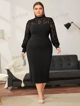 Комплект с обтягивающей юбкой Modely plus size, декорированный сетчатой тканью Shein, черный