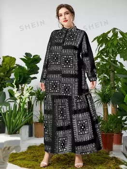 Комплект с юбкой больших размеров Modely, присборенный край, рюшной низ и шарфовый принт Shein, черно-белый