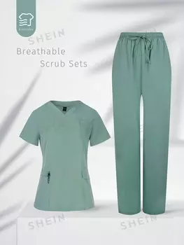 Комплект с воротником-бретелькой Task Fit, короткие рукава, множество карманов, мягкий и удобный Shein, зеленый