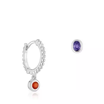 Комплект серьга-кольцо и серьга-гвоздик Tous Basic Short/long Gemstones Colors, серебро/аметист/сердолик