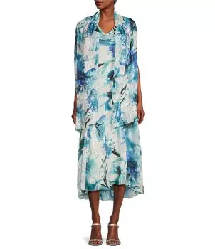 Комплект шифонового платья-футляра Alex Evenings без рукавов с воротником-хомутом и цветочным принтом, цветочный