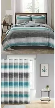Комплект штор для душа Madison Park Essentials Saben + комплект одеял BIAB, Stripes Aqua Coverlet Biab 8Pcs