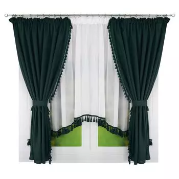 Комплект штор из 2 лент с рюшами 140х245 см, темно-зеленый, непрозрачной структуры, однотонная штора с эффектом льна Drapella
