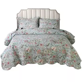 Комплект стеганых покрывал из 3 предметов. Двусторонние лоскутные покрывала из мягкой матовой микрофибры. Двойное одеяло размера «queen-size» с 2 наволочками (зеленый цветочный узор) Topchances