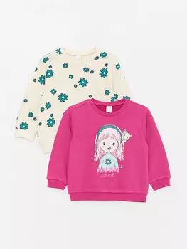 Комплект свитшотов для маленьких девочек с круглым вырезом и длинными рукавами с принтом, 2 шт. LCW baby, фуксия