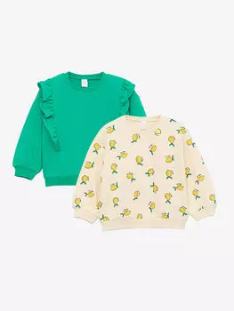 Комплект свитшотов для маленьких девочек с круглым вырезом и длинными рукавами с принтом, 2 шт. LCW baby, мятно-зеленый