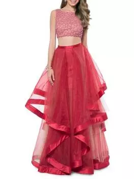 Комплект Terani Couture из двух частей: топа с бисером и многоярусной юбки, красный