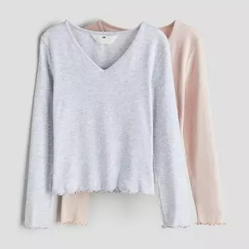 Комплект топов H&M Kids Ribbed Jersey, 2 предмета, светло-серый/светло-розовый