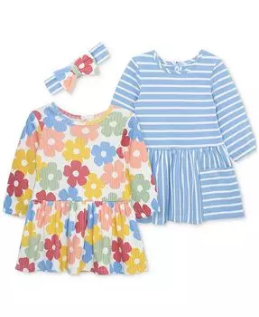 Комплект трикотажного платья с разноцветным цветочным принтом и повязкой на голову 3 шт. Little Me, фиолетовый