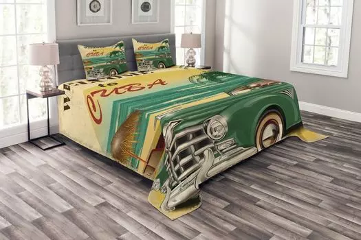Комплект тропического покрывала ABAKUHAUS, Cuba Beach Ocean Palm, комплект с моющимися наволочками, для односпальных кроватей 264 x 220 см, желтый