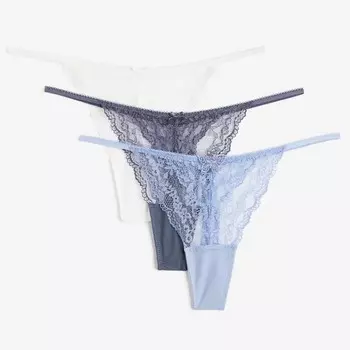 Комплект трусов H&amp;M Lace Thong, 3 предмета, белый/темно-синий/голубой
