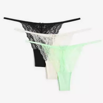 Комплект трусов H&amp;M Lace Thong, 3 предмета, черный/светло-бежевый/светло-зеленый