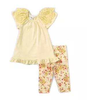 Комплект туники с развевающимися рукавами и люверсами для маленьких девочек 2T-6X Bonnie Jean и леггинсов с принтом, желтый