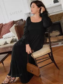 Комплект юбки больших размеров Frenchy, рюшами по низу, рюшами на рукавах, плиссированной деталью, квадратным вырезом Shein, черный