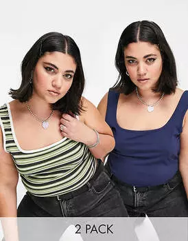 Комплект укороченных топов Daisy Street Plus 2 в полоску цвета хаки и темно-синий