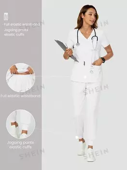 Комплект униформы для кормления Task Fit из двух предметов: рубашка с короткими рукавами, V-образным вырезом и брюки с карманами Shein, белый