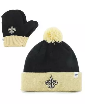 Комплект унисекс черно-золотой вязаной шапки New Orleans Saints Bam Bam с манжетами, помпоном и варежками для малышей '47 Brand