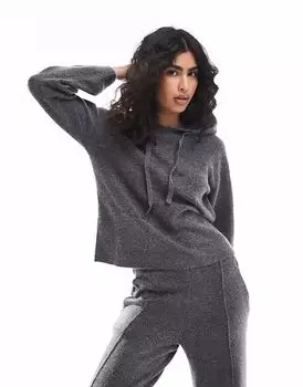 Комплект уютного вязаного худи и брюк микс-энд-мэтч в темно-сером меланже