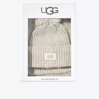 Комплект вязаной шапки и шарфа с фирменной нашивкой pom pom Ugg, серый