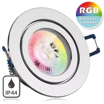 Комплект встраиваемых светодиодных точечных светильников IP44 RGB GU10 в хроме со светодиодом 3 Вт от LEDANDO - 11 цветов + холодный белый - вкл. пульт дистанционного управления - с регулируемой яркостью - круглый - для ванной комнаты