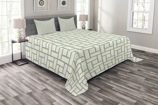 Комплект зеленого покрывала ABAKUHAUS, квадратные линии в форме лабиринта, комплект с моющимися наволочками, для односпальных кроватей 264 x 220 см, фисташковый зеленый белый