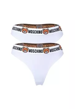 Комплект женских стрингов (2 шт.) - подкладка, трусы, смесовый хлопок, пояс с логотипом, однотонный MOSCHINO
