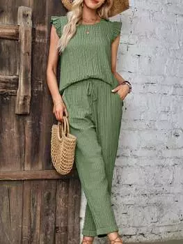 Комплект женский из топа и брюк Emery Rose с монохромной текстурой и рюшами, зеленый