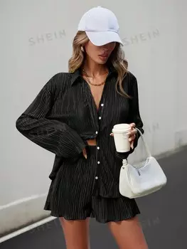 Комплект женский Shein Essnce из плиссированной рубашки и шорт, черный