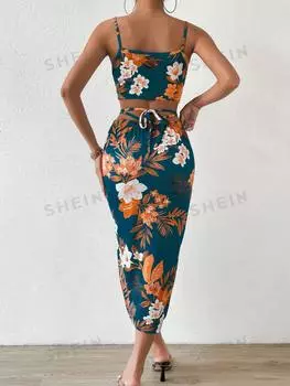 Комплект женский Shein Priv с цветочным принтом, темно-синий