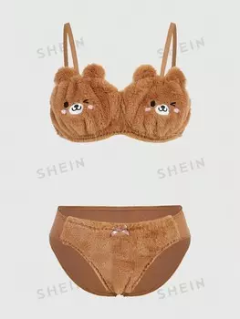 Комплект женского нижнего белья Kawaii, плюшевая ткань, рисунок медвежонка Romwe, коричневый