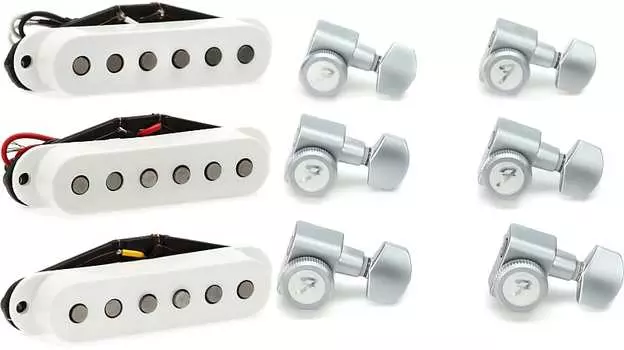 Комплект звукоснимателей Fender Tex-Mex Stratocaster из 3 предметов с замком Fender Stratocaster/Telecaster Tuning Machines Set — Матовый хром 0990818000=1 0992131000=1