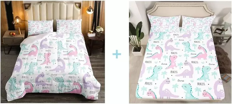 Комплекты постельного белья Erosebridal с розовым динозавром и простыня с динозаврами (1 одеяло + 1 простыня + 2 наволочки), двойной размер для детей, девочек, кавайный декор для комнаты, Pink