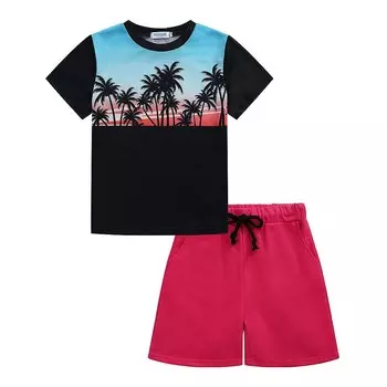 Комплекты с шортами для мальчиков, гавайский наряд, детская рубашка с короткими рукавами и листьями с цветочным принтом, топ + шорты, костюмы MISSKY, цвет Black Print