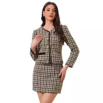 Комплекты женской одежды: комплекты из короткого пиджака и юбки из твида в клетку ALLEGRA K, коричневый