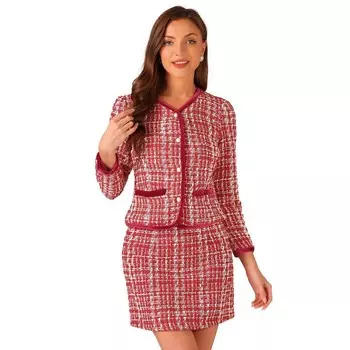 Комплекты женской одежды: комплекты из короткого пиджака и юбки из твида в клетку ALLEGRA K, красный