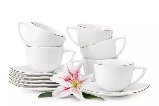 KONSIMO Кофейная чашка с блюдцем 12 шт. на 6 персон. "КАРЛИНА", белый, фарфор, современный, 8,5см/200мл|14x14см