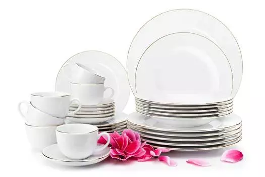 KONSIMO обеденно-кофейный сервиз на 6 персон (30 предметов) "МУСКАРИ", белый, фарфор, современный, 27/22,5/20/14,5см/200мл/6ч