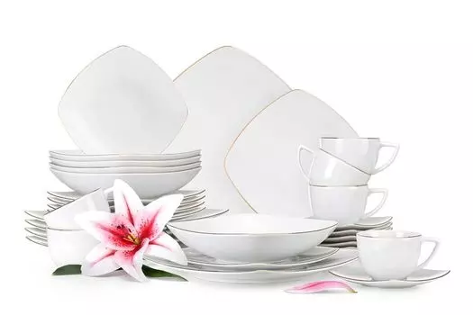 KONSIMO обеденно-кофейный сервиз на 6 персон (30 предметов) "CARLINA", белый, фарфор, современный, 25,5x25,5см|20x20см|19x19см|14x14см|8,5см/200мл