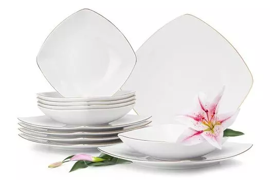 KONSIMO обеденный сервиз на 6 персон (12 предметов) "CARLINA", белый, фарфор, современный, 20x20см/900мл|25,5x25,5см