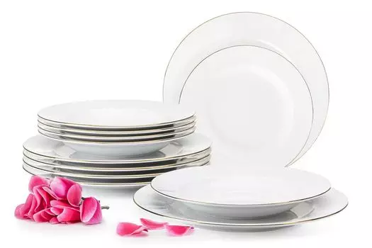 KONSIMO обеденный сервиз на 6 персон (12 предметов) "MUSCARI", белый, фарфор, современный, 22,5см|27см