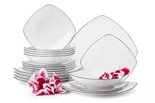 KONSIMO обеденный сервиз на 6 персон (18 предметов) "CARLINA", белый, фарфор, современный, 25,5x25,5см|20x20см|19x19см