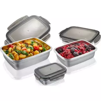 Контейнер для хранения пищевых продуктов GEFU «PREPPO», (набор, 3 шт.), объем наполнения 0,4л/1л/1,8л, серебристый/черный
