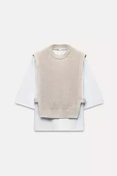 Контрастная футболка и жилет ZARA, темно-бежевый