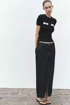 Контрастная футболка из плотного трикотажа ZARA, черный
